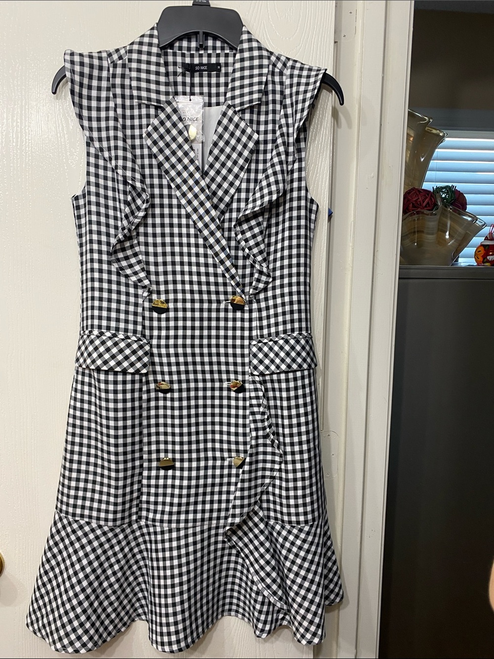 Tailored Black and White Midi Dress with Half Gold/Black Buttons